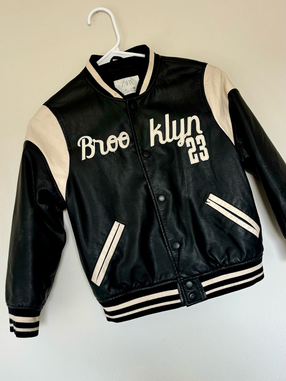 Zara Black Leather-Effect Bomber Jacket with Cream Trim